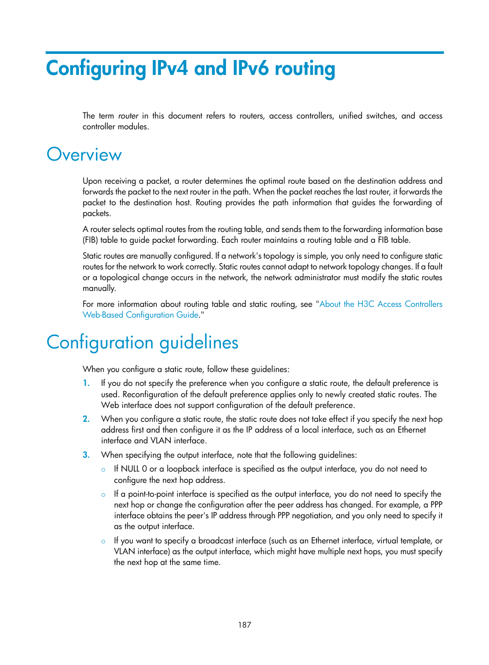 Configuring ipv4 and ipv6 routing, Overview, Configuration guidelines | H3C Technologies H3C WX3000E Series Wireless Switches User Manual | Page 208 / 965