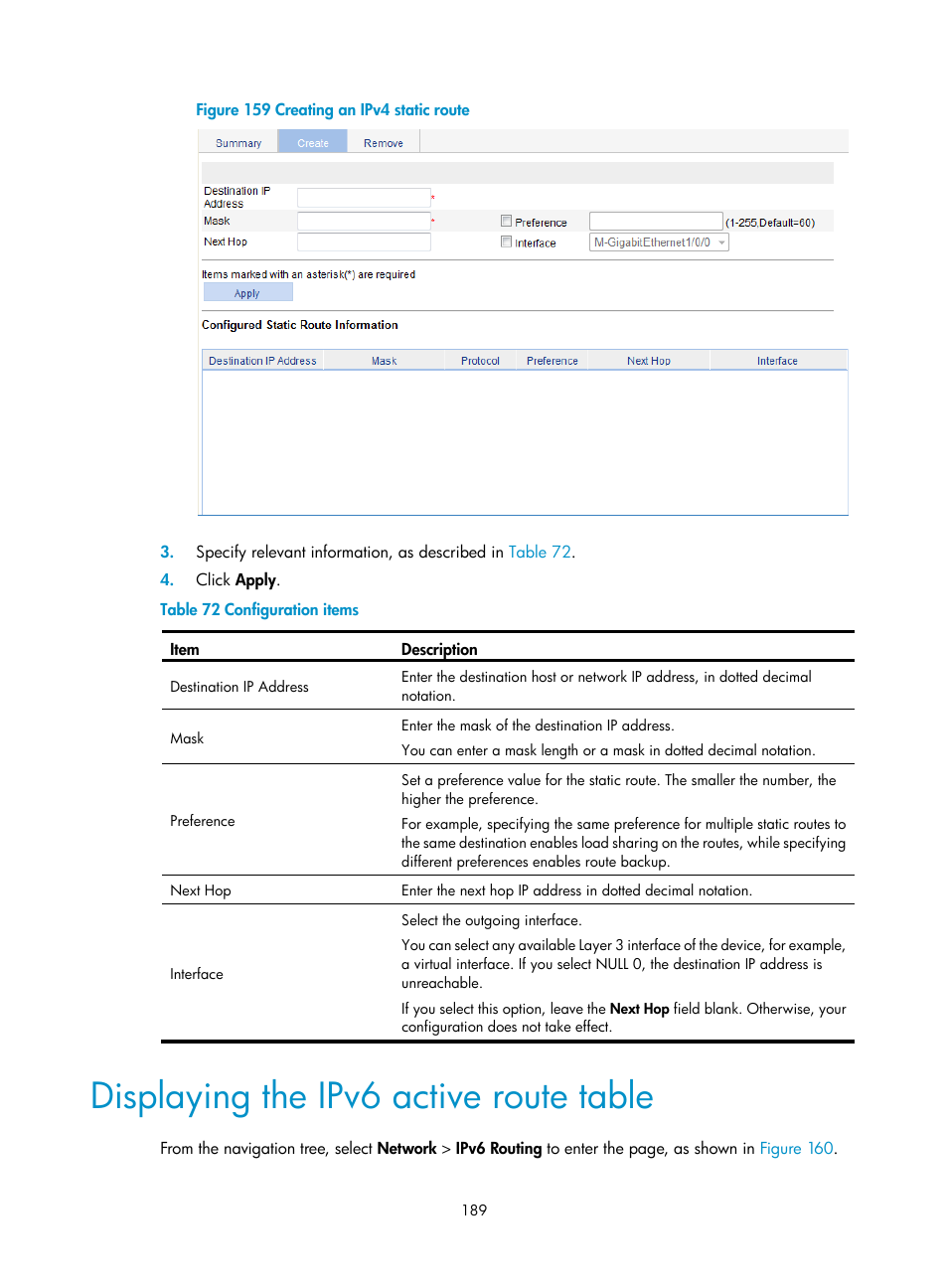 Displaying the ipv6 active route table | H3C Technologies H3C WX3000E Series Wireless Switches User Manual | Page 210 / 965