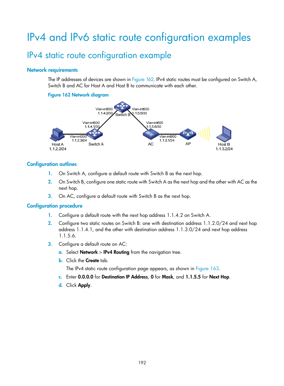 Ipv4 and ipv6 static route configuration examples, Ipv4 static route configuration example, Network requirements | Configuration outlines, Configuration procedure | H3C Technologies H3C WX3000E Series Wireless Switches User Manual | Page 213 / 965