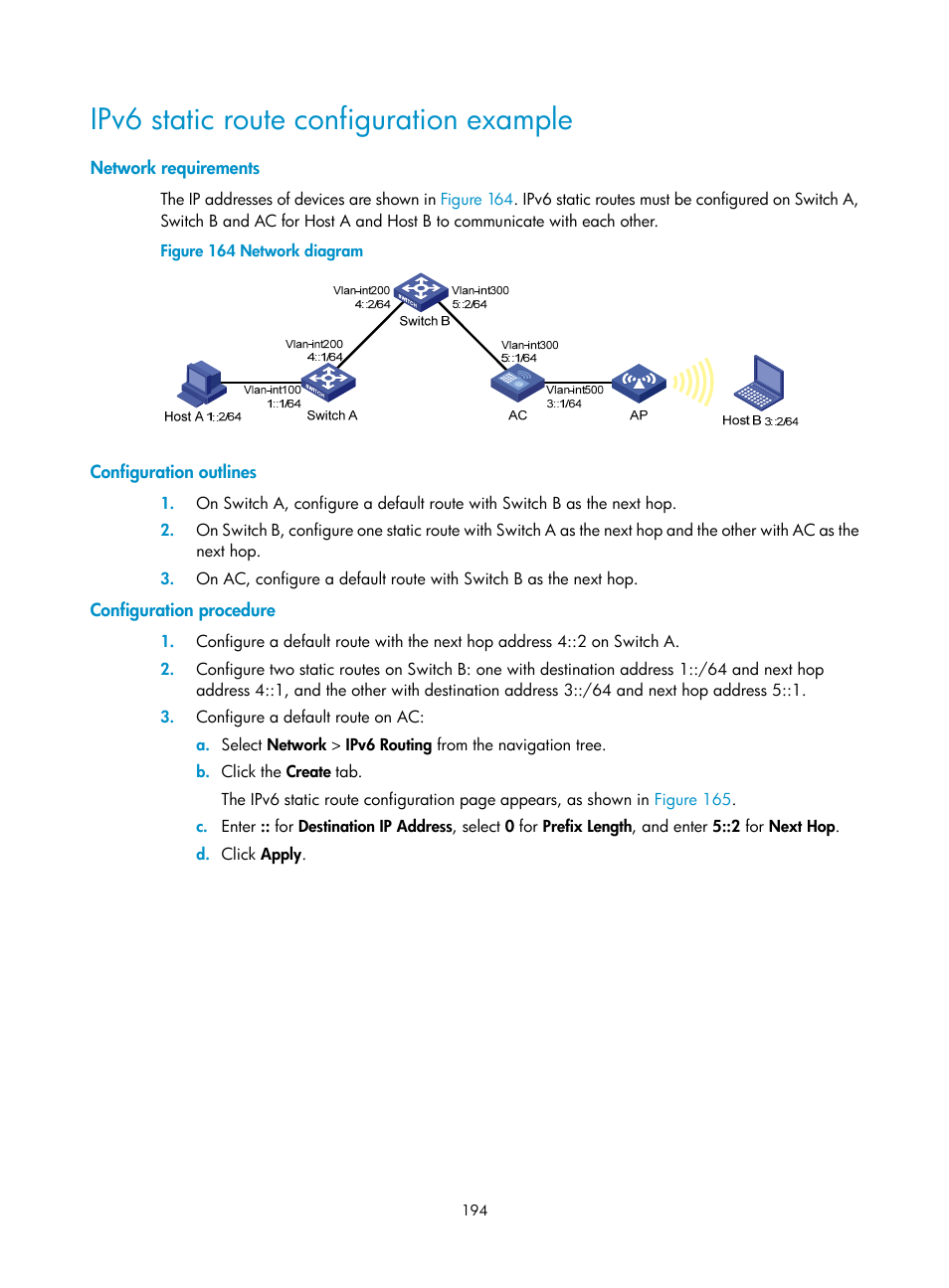 Ipv6 static route configuration example, Network requirements, Configuration outlines | Configuration procedure | H3C Technologies H3C WX3000E Series Wireless Switches User Manual | Page 215 / 965