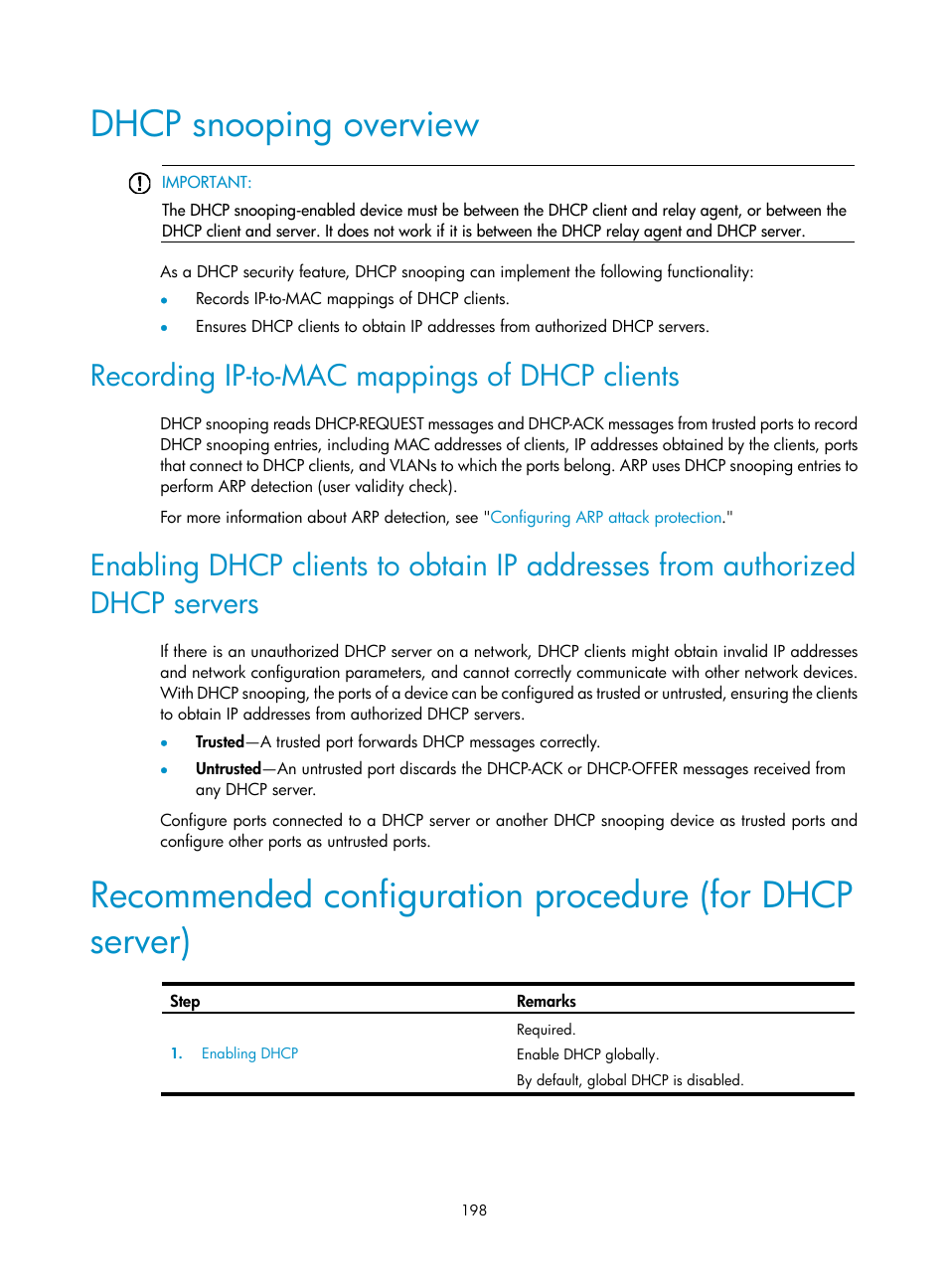 Dhcp snooping overview, Recording ip-to-mac mappings of dhcp clients | H3C Technologies H3C WX3000E Series Wireless Switches User Manual | Page 219 / 965