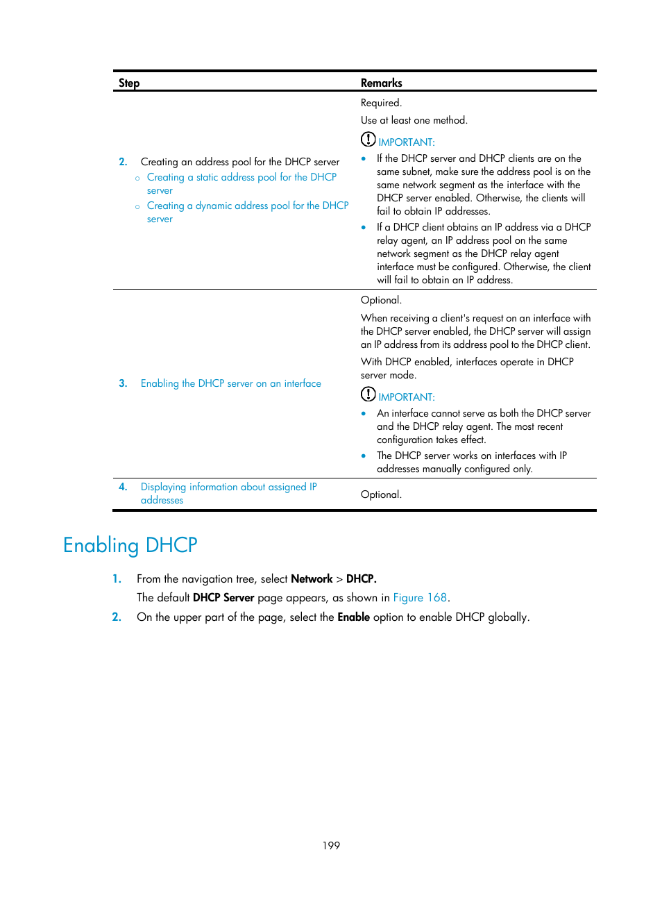 Enabling dhcp | H3C Technologies H3C WX3000E Series Wireless Switches User Manual | Page 220 / 965