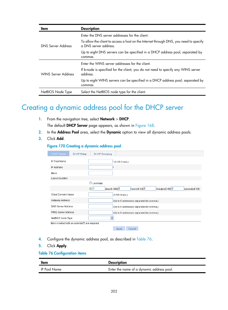 Creating a dynamic address pool for the dhcp, Server | H3C Technologies H3C WX3000E Series Wireless Switches User Manual | Page 223 / 965