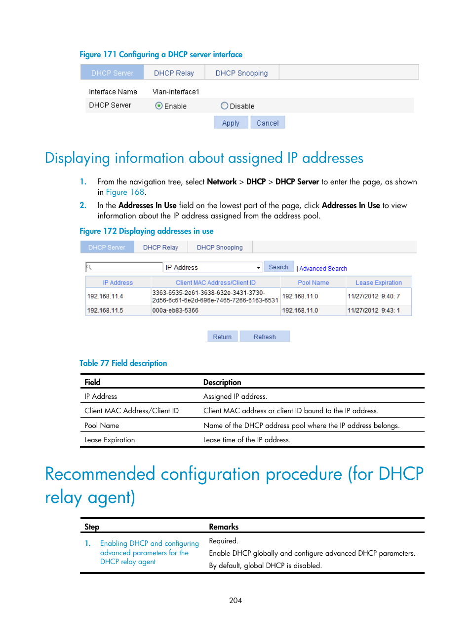 Displaying information about assigned ip addresses, Displaying information about assigned ip, Addresses | H3C Technologies H3C WX3000E Series Wireless Switches User Manual | Page 225 / 965