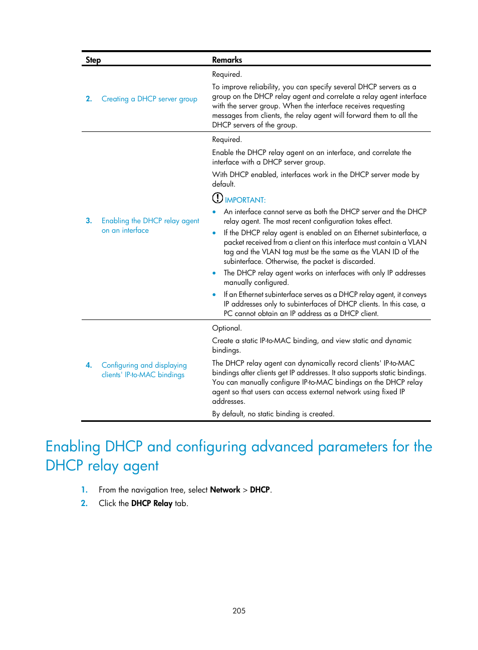 Enabling dhcp and configuring, Advanced parameters for the, Dhcp relay agent | H3C Technologies H3C WX3000E Series Wireless Switches User Manual | Page 226 / 965