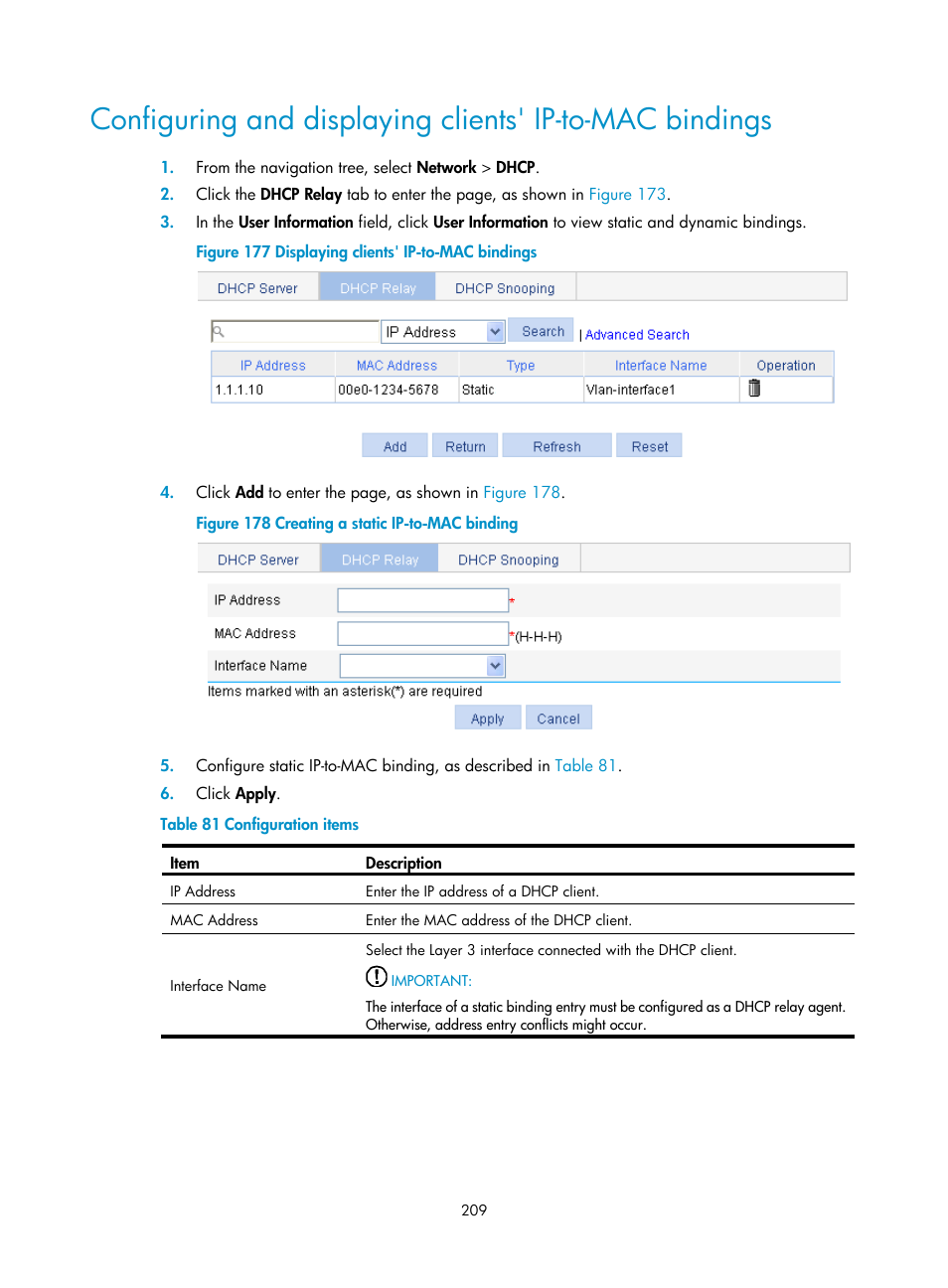 Configuring and displaying, Clients' ip-to-mac bindings | H3C Technologies H3C WX3000E Series Wireless Switches User Manual | Page 230 / 965