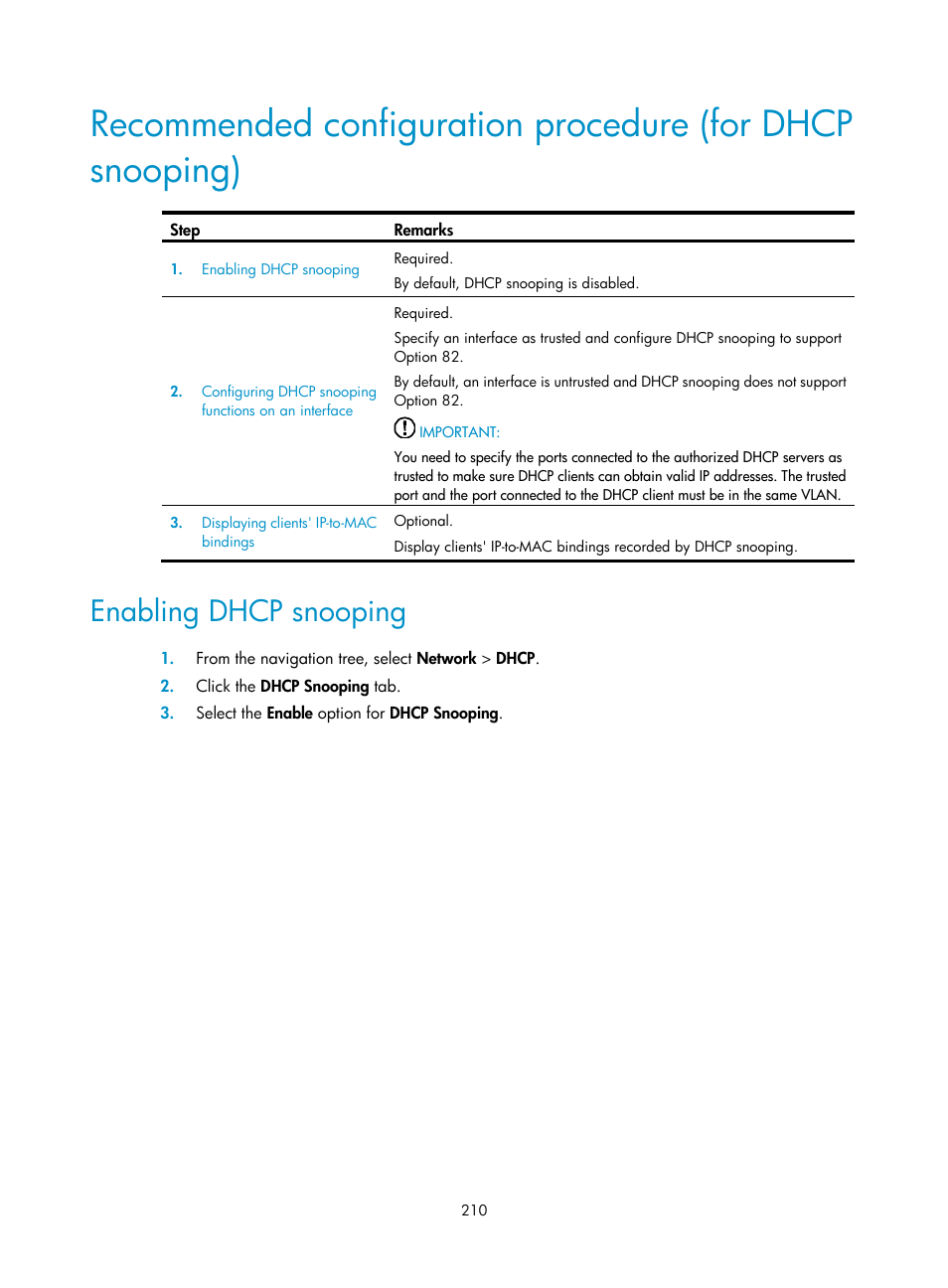 Enabling dhcp snooping | H3C Technologies H3C WX3000E Series Wireless Switches User Manual | Page 231 / 965
