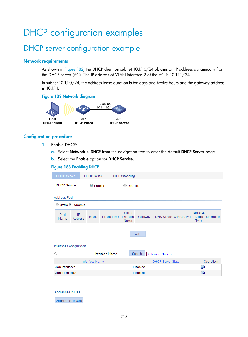 Dhcp configuration examples, Dhcp server configuration example, Network requirements | Configuration procedure | H3C Technologies H3C WX3000E Series Wireless Switches User Manual | Page 234 / 965