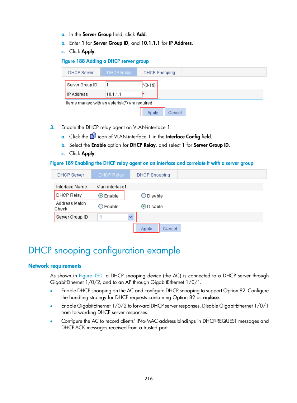 Dhcp snooping configuration example, Network requirements | H3C Technologies H3C WX3000E Series Wireless Switches User Manual | Page 237 / 965