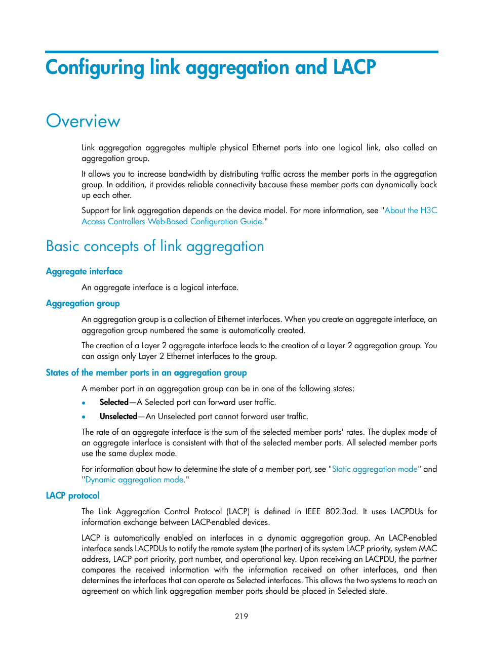 Configuring link aggregation and lacp, Overview, Basic concepts of link aggregation | Aggregate interface, Aggregation group, States of the member ports in an aggregation group, Lacp protocol | H3C Technologies H3C WX3000E Series Wireless Switches User Manual | Page 240 / 965