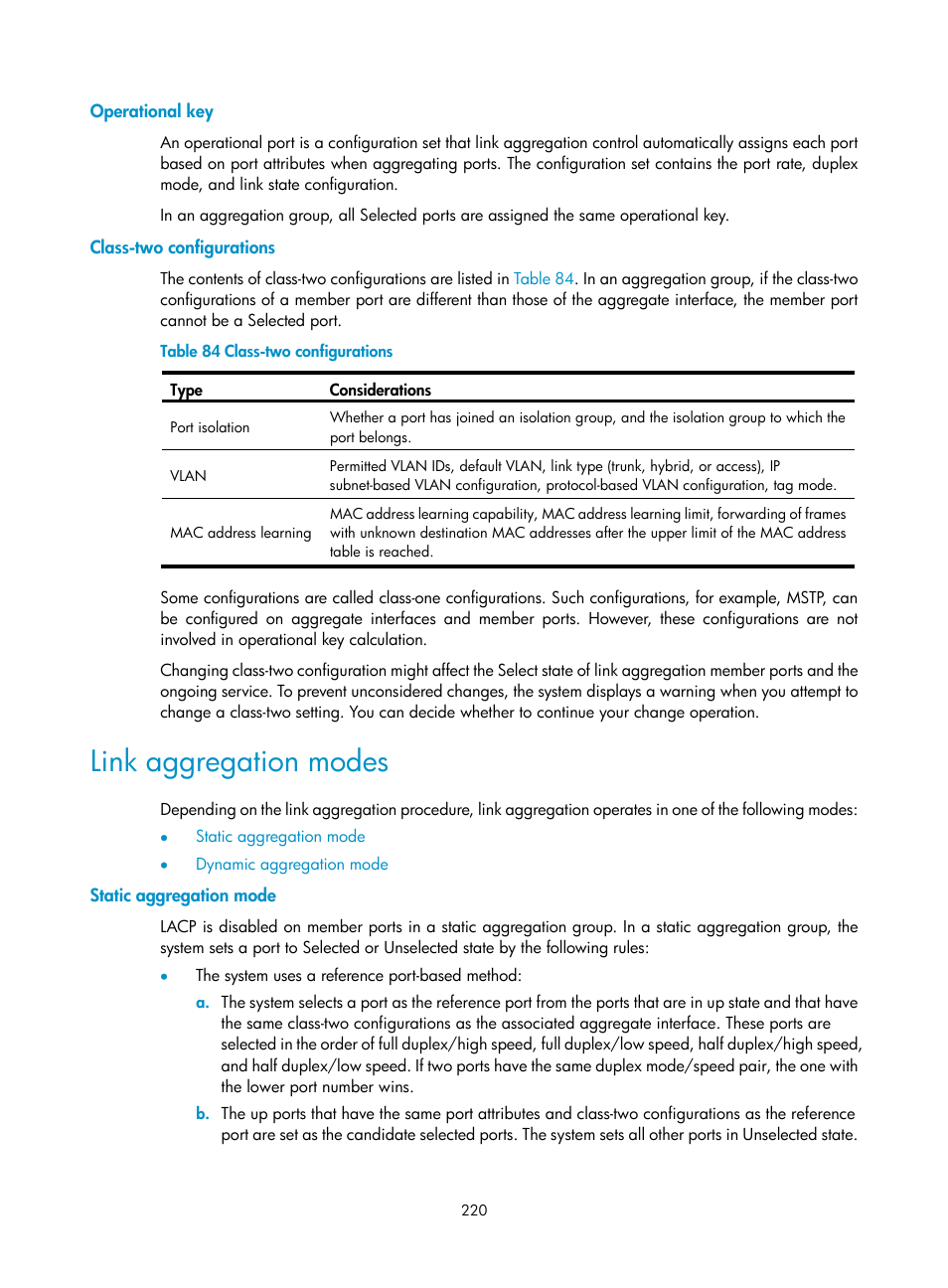 Operational key, Class-two configurations, Link aggregation modes | Static aggregation mode | H3C Technologies H3C WX3000E Series Wireless Switches User Manual | Page 241 / 965