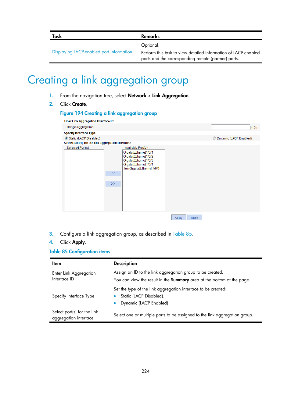 Creating a link aggregation group | H3C Technologies H3C WX3000E Series Wireless Switches User Manual | Page 245 / 965