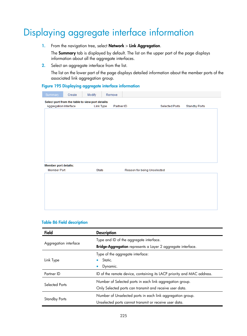 Displaying aggregate interface information | H3C Technologies H3C WX3000E Series Wireless Switches User Manual | Page 246 / 965