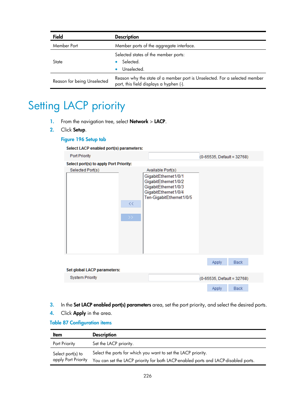 Setting lacp priority | H3C Technologies H3C WX3000E Series Wireless Switches User Manual | Page 247 / 965