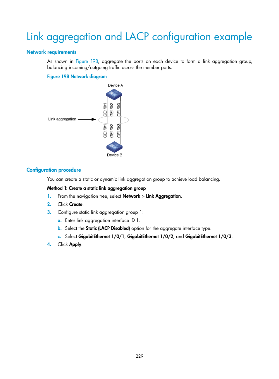 Link aggregation and lacp configuration example, Network requirements, Configuration procedure | H3C Technologies H3C WX3000E Series Wireless Switches User Manual | Page 250 / 965