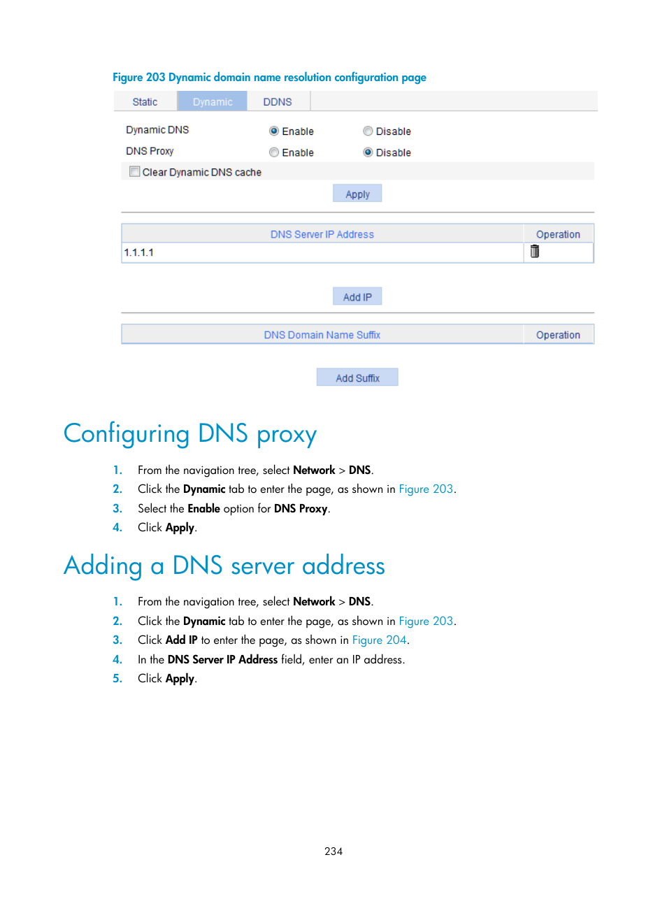 Configuring dns proxy, Adding a dns server address | H3C Technologies H3C WX3000E Series Wireless Switches User Manual | Page 255 / 965