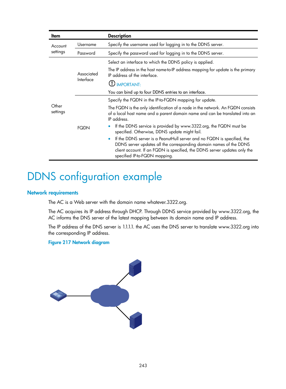 Ddns configuration example, Network requirements | H3C Technologies H3C WX3000E Series Wireless Switches User Manual | Page 264 / 965