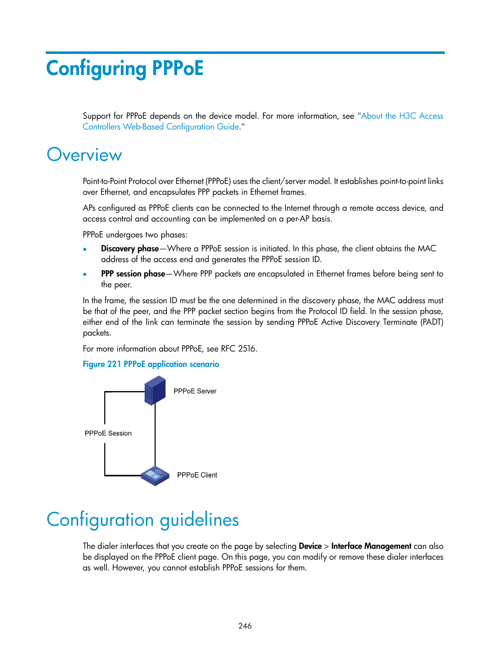 Configuring pppoe, Overview, Configuration guidelines | H3C Technologies H3C WX3000E Series Wireless Switches User Manual | Page 267 / 965