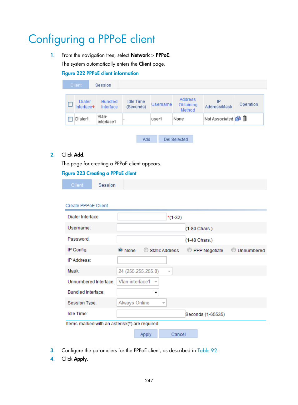 Configuring a pppoe client | H3C Technologies H3C WX3000E Series Wireless Switches User Manual | Page 268 / 965