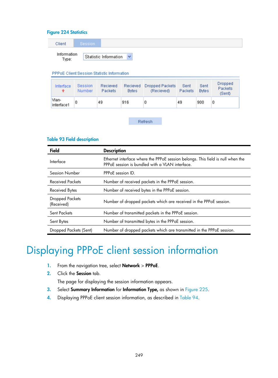 Displaying pppoe client session information, As shown in, Figure 224 | Table 93 | H3C Technologies H3C WX3000E Series Wireless Switches User Manual | Page 270 / 965