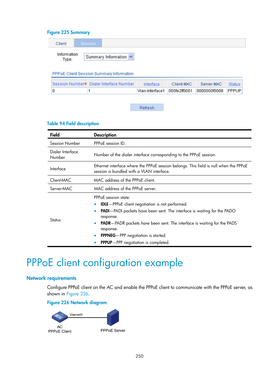 Pppoe client configuration example, Network requirements, Figure 225 | Ribed in, Table 94 | H3C Technologies H3C WX3000E Series Wireless Switches User Manual | Page 271 / 965