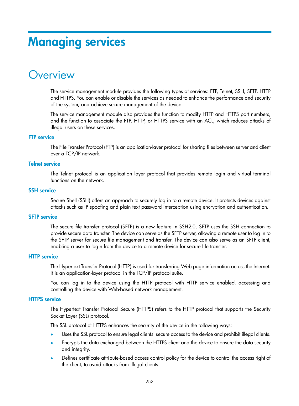 Managing services, Overview, Ftp service | Telnet service, Ssh service, Sftp service, Http service, Https service | H3C Technologies H3C WX3000E Series Wireless Switches User Manual | Page 274 / 965