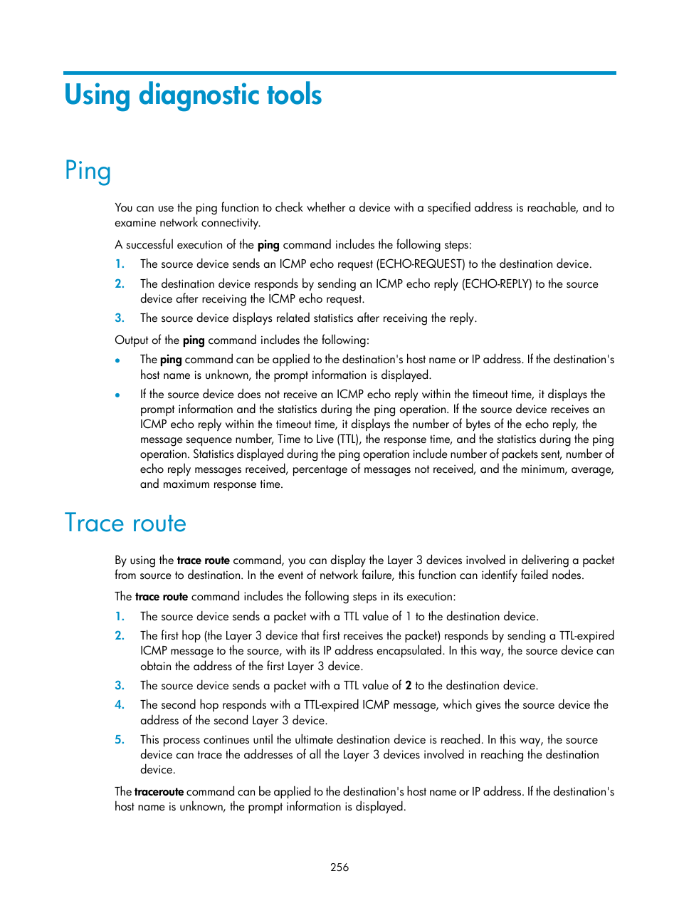 Using diagnostic tools, Ping, Trace route | H3C Technologies H3C WX3000E Series Wireless Switches User Manual | Page 277 / 965