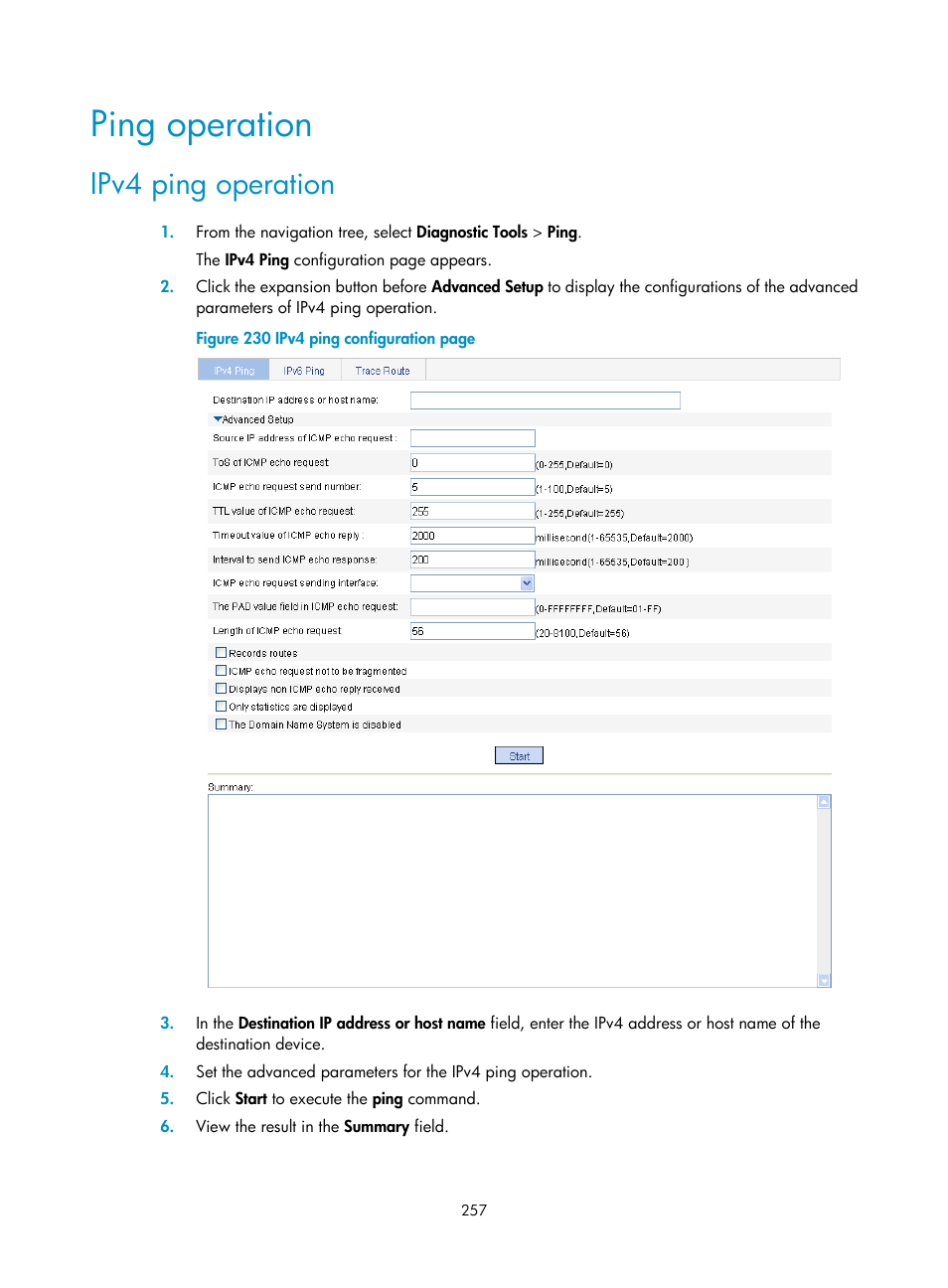 Ping operation, Ipv4 ping operation | H3C Technologies H3C WX3000E Series Wireless Switches User Manual | Page 278 / 965