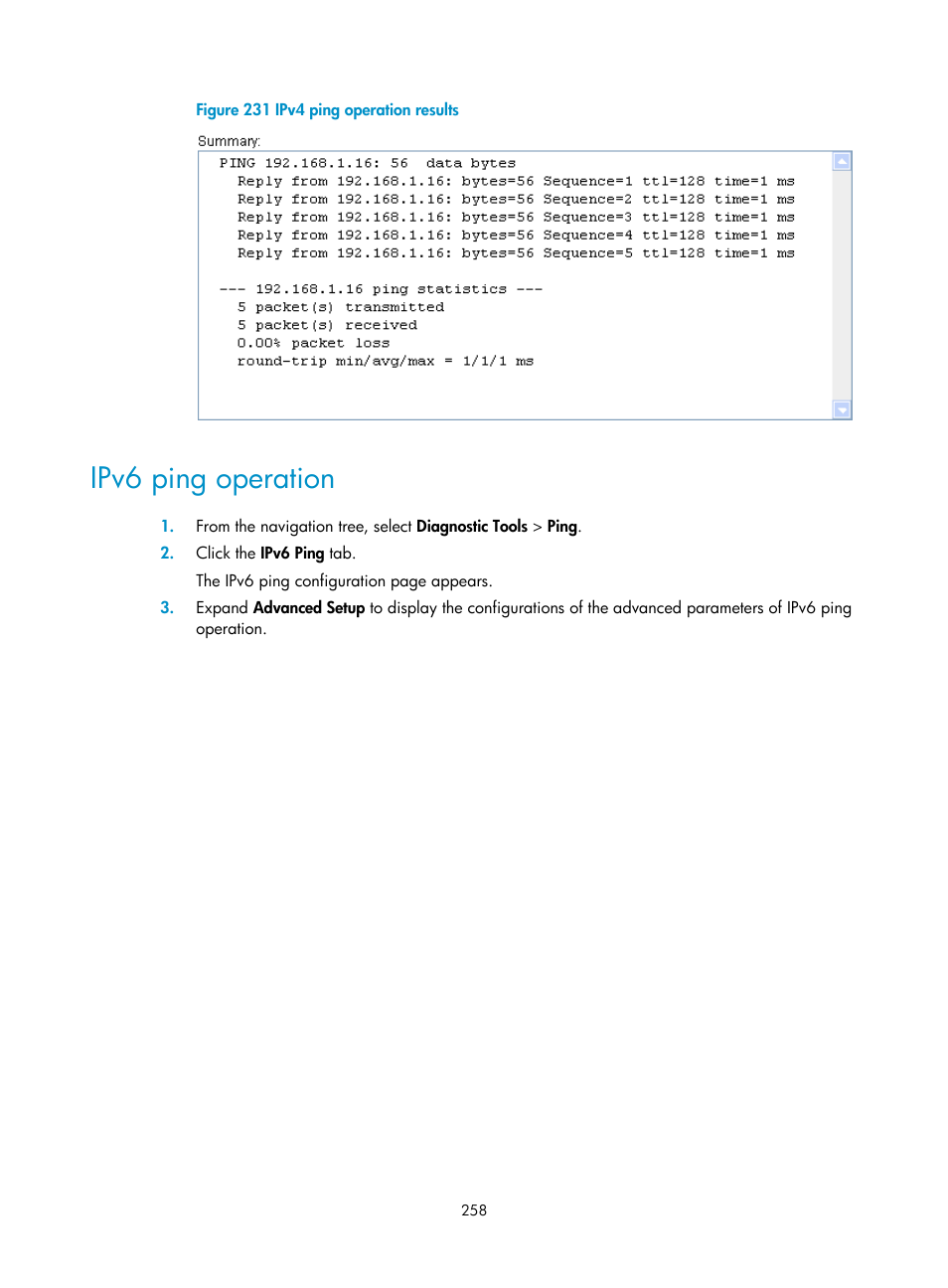 Ipv6 ping operation | H3C Technologies H3C WX3000E Series Wireless Switches User Manual | Page 279 / 965