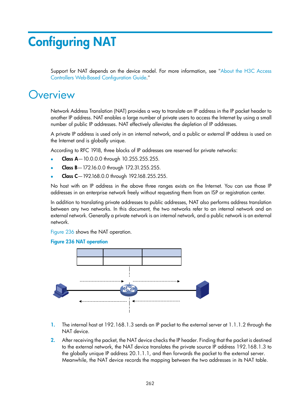 Configuring nat, Overview | H3C Technologies H3C WX3000E Series Wireless Switches User Manual | Page 283 / 965