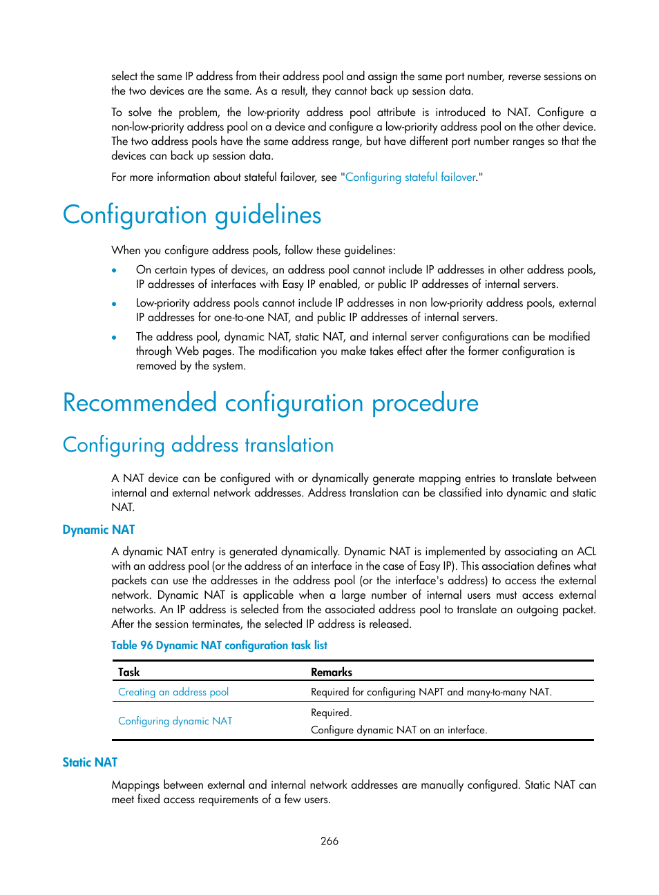 Configuration guidelines, Recommended configuration procedure, Configuring address translation | Dynamic nat, Static nat | H3C Technologies H3C WX3000E Series Wireless Switches User Manual | Page 287 / 965