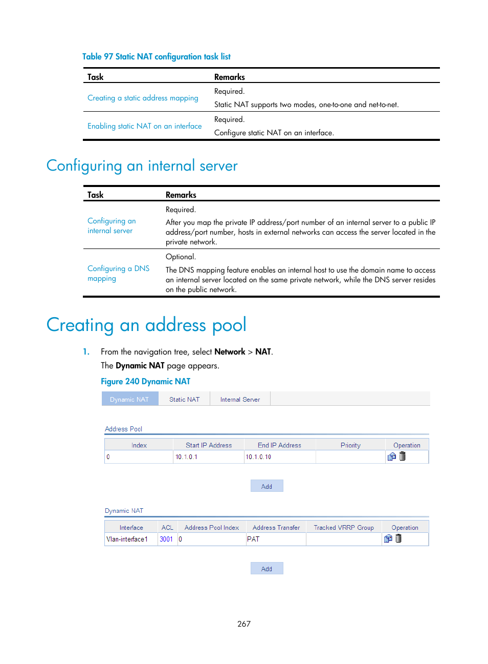 Configuring an internal server, Creating an address pool | H3C Technologies H3C WX3000E Series Wireless Switches User Manual | Page 288 / 965