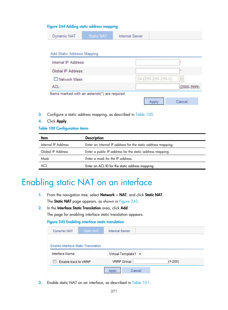 Enabling static nat on an interface | H3C Technologies H3C WX3000E Series Wireless Switches User Manual | Page 292 / 965
