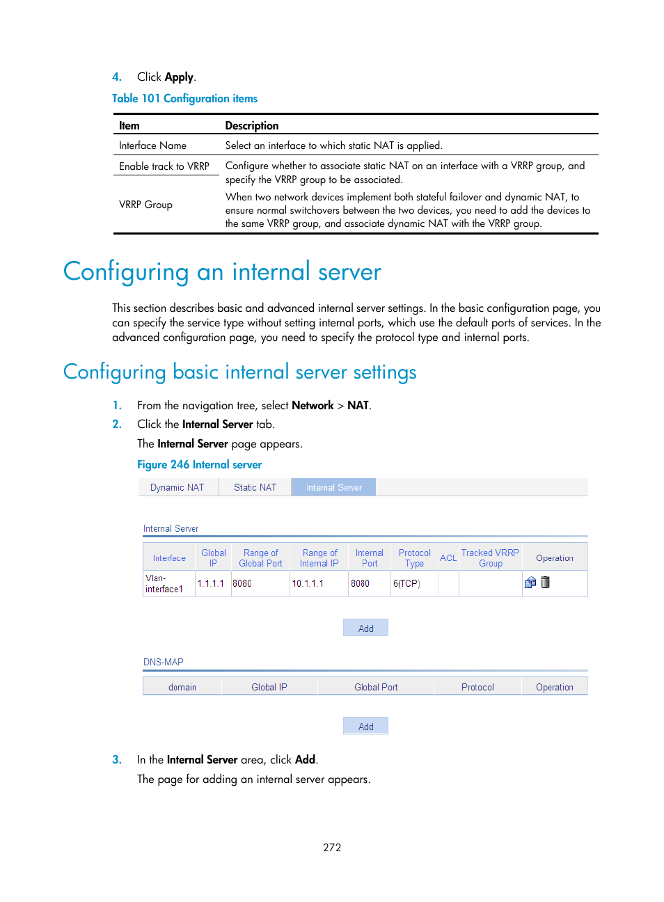 Configuring an internal server, Configuring basic internal server settings, Table 101 | H3C Technologies H3C WX3000E Series Wireless Switches User Manual | Page 293 / 965