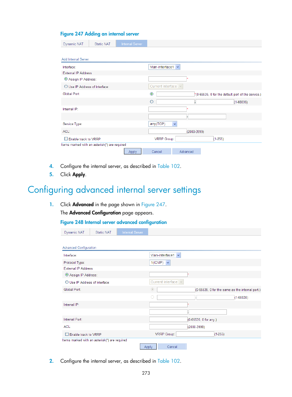 Configuring advanced internal server settings | H3C Technologies H3C WX3000E Series Wireless Switches User Manual | Page 294 / 965