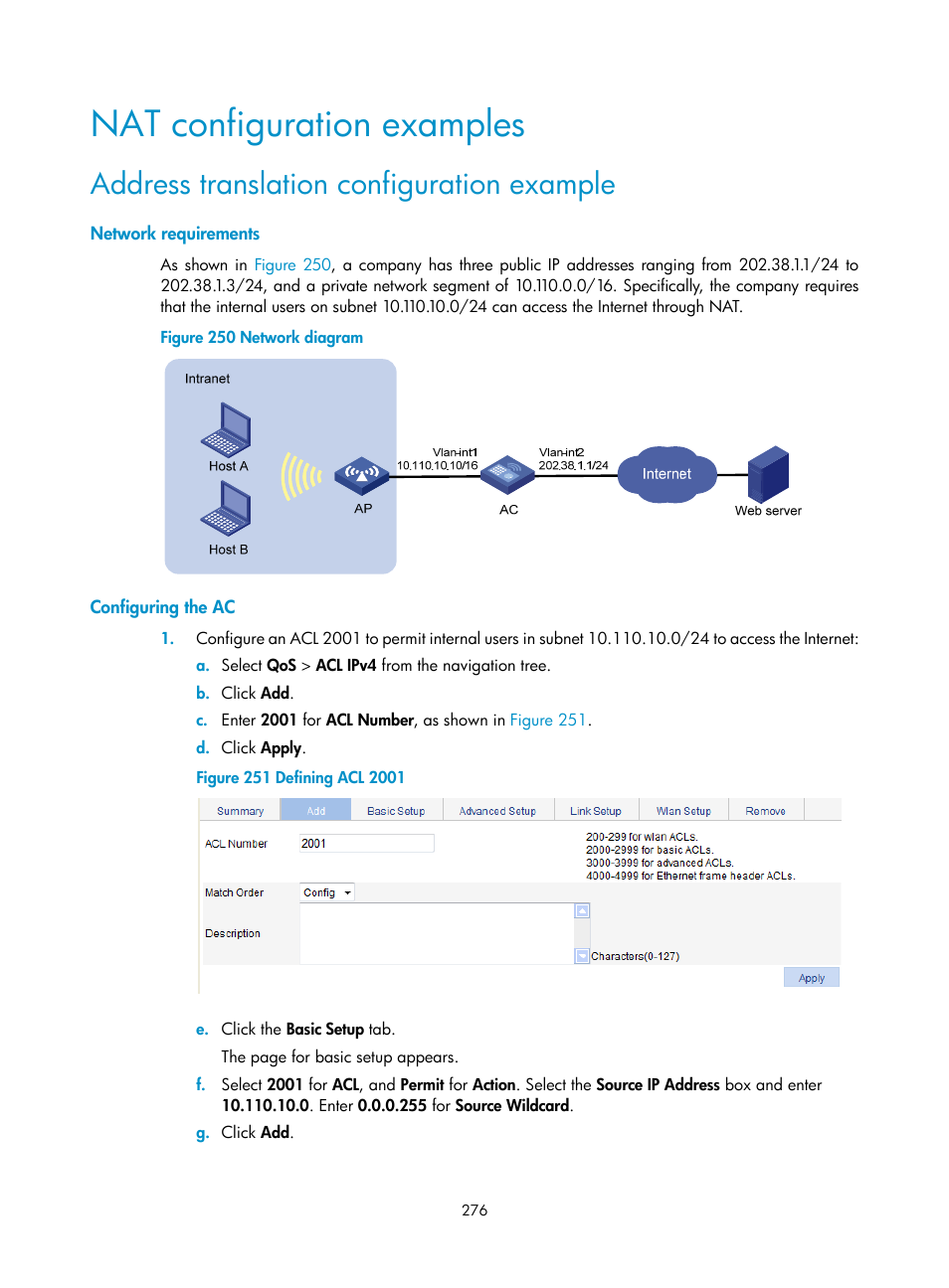 Nat configuration examples, Address translation configuration example, Network requirements | Configuring the ac | H3C Technologies H3C WX3000E Series Wireless Switches User Manual | Page 297 / 965