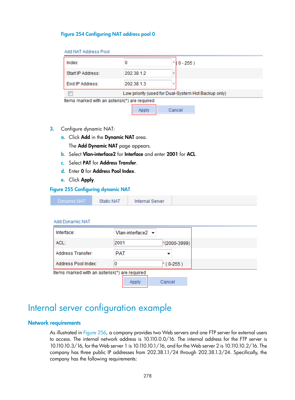 Internal server configuration example, Network requirements | H3C Technologies H3C WX3000E Series Wireless Switches User Manual | Page 299 / 965