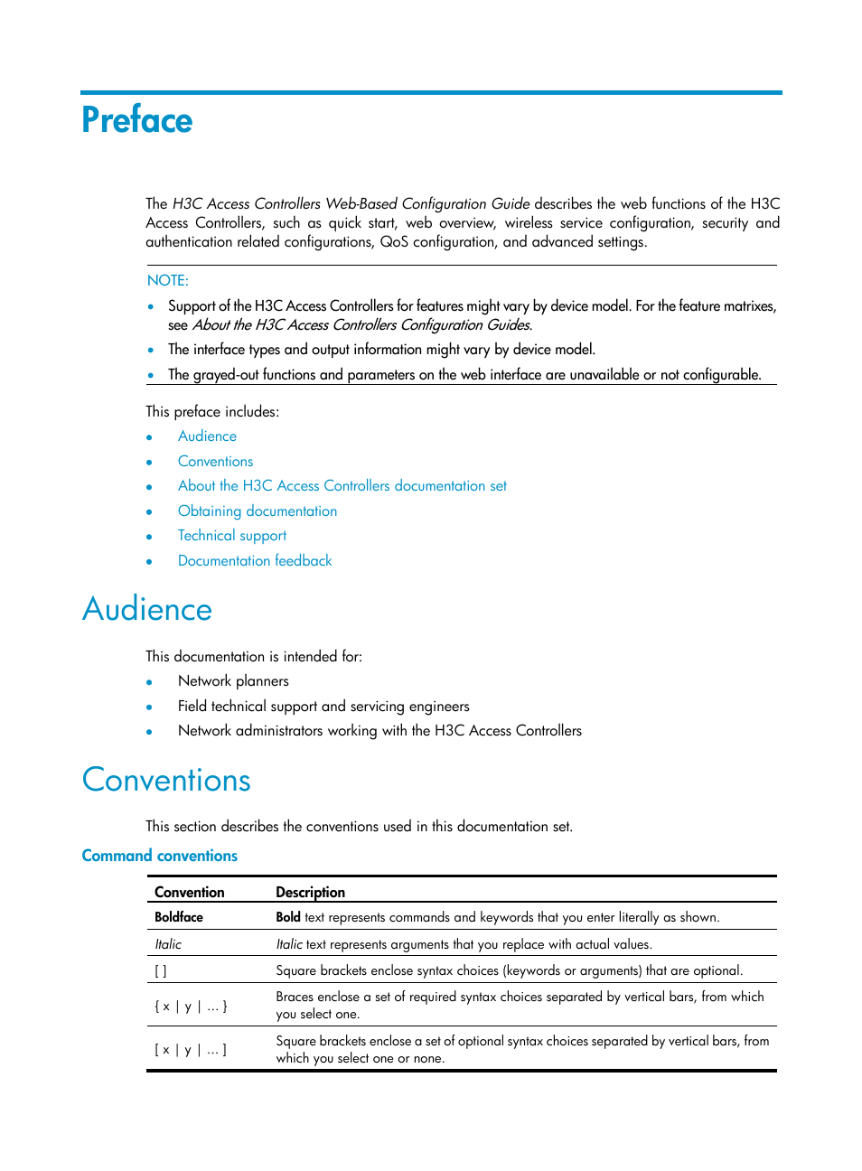 Preface, Audience, Conventions | Command conventions | H3C Technologies H3C WX3000E Series Wireless Switches User Manual | Page 3 / 965