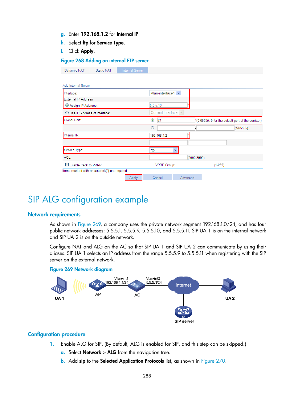 Sip alg configuration example, Network requirements, Configuration procedure | H3C Technologies H3C WX3000E Series Wireless Switches User Manual | Page 309 / 965