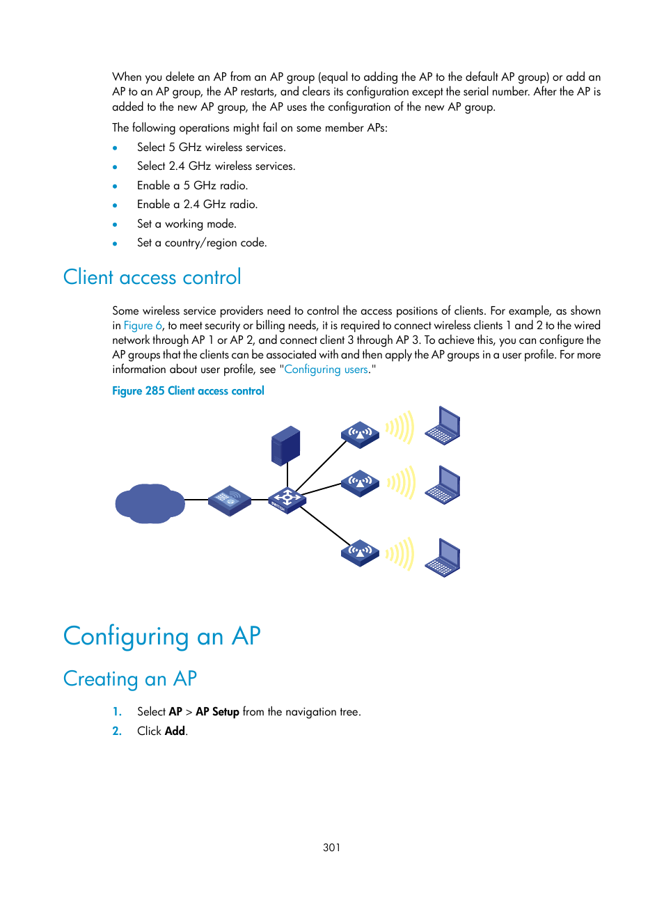 Client access control, Configuring an ap, Creating an ap | H3C Technologies H3C WX3000E Series Wireless Switches User Manual | Page 322 / 965