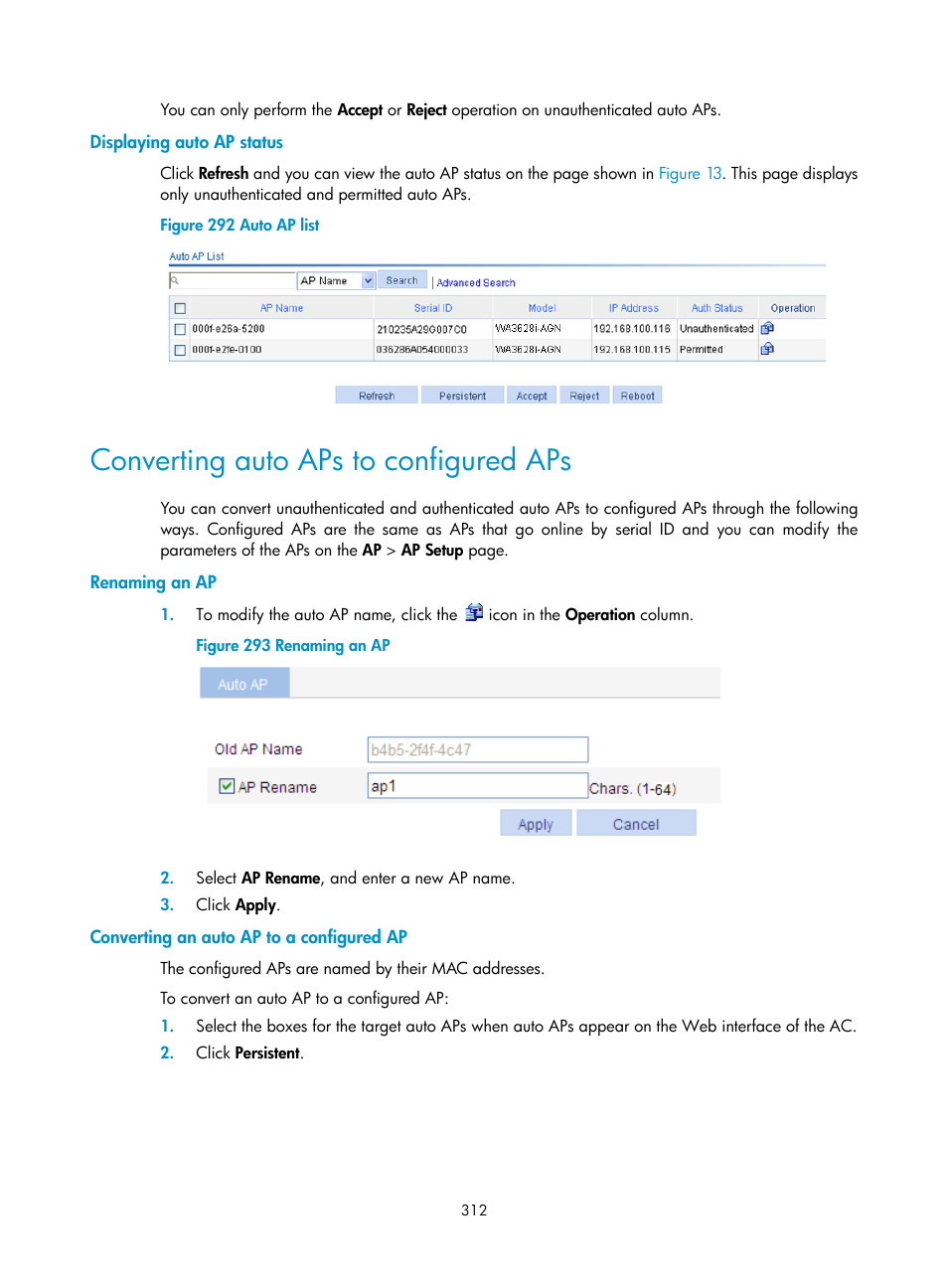 Displaying auto ap status, Converting auto aps to configured aps, Renaming an ap | Converting an auto ap to a configured ap | H3C Technologies H3C WX3000E Series Wireless Switches User Manual | Page 333 / 965
