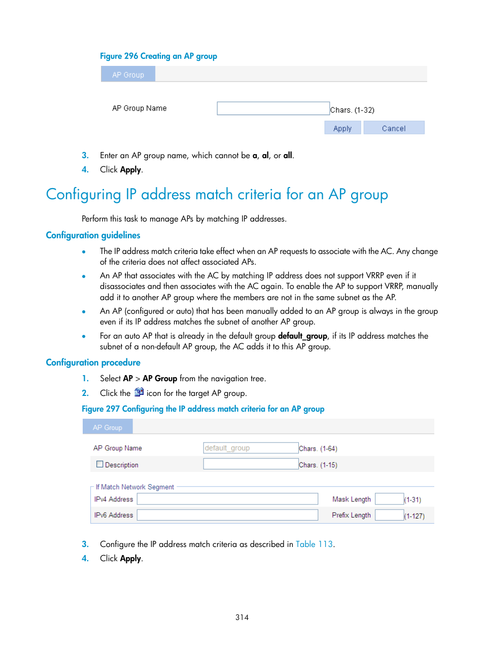 Configuration guidelines, Configuration procedure | H3C Technologies H3C WX3000E Series Wireless Switches User Manual | Page 335 / 965