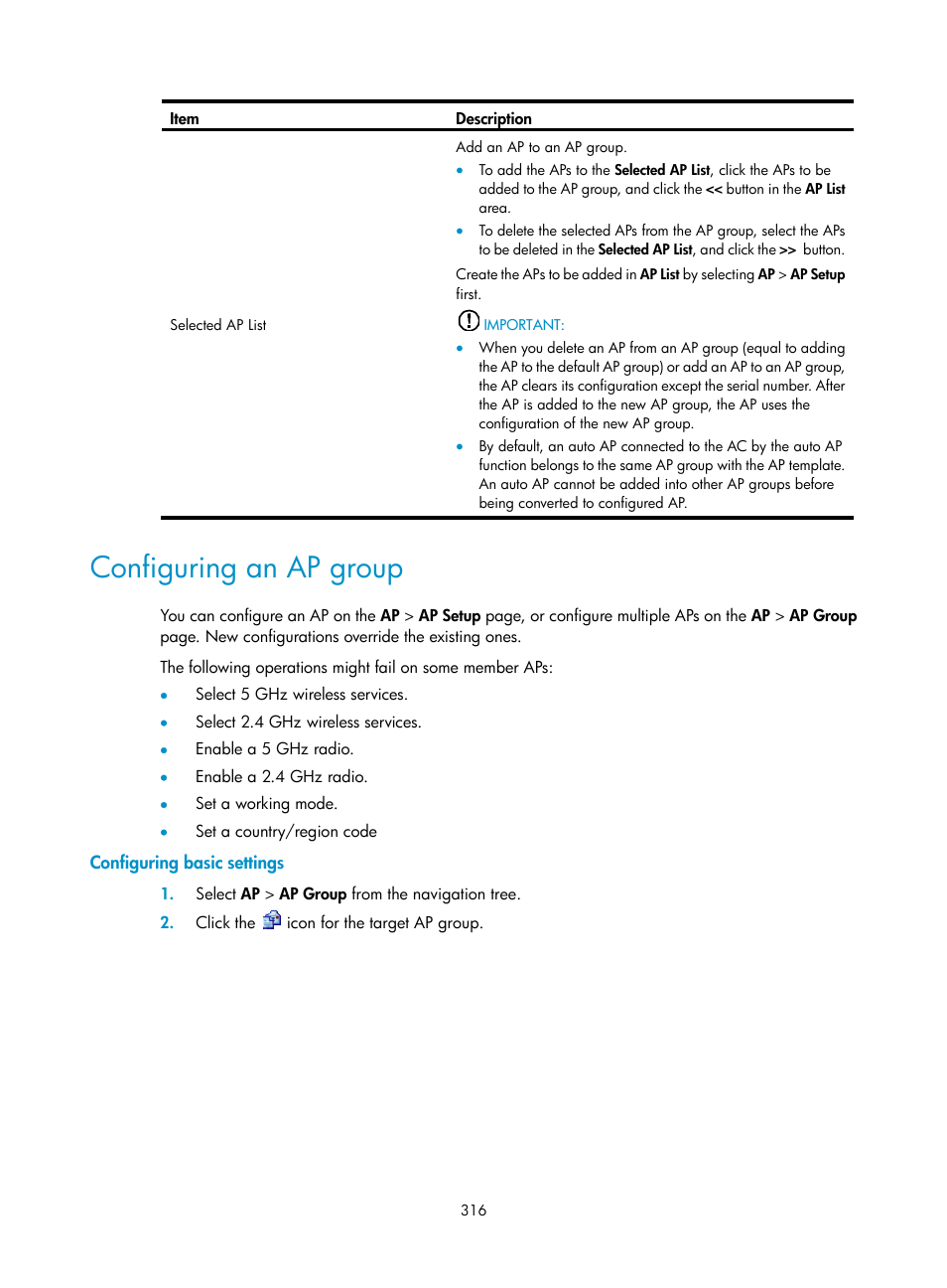 Configuring an ap group, Configuring basic settings | H3C Technologies H3C WX3000E Series Wireless Switches User Manual | Page 337 / 965