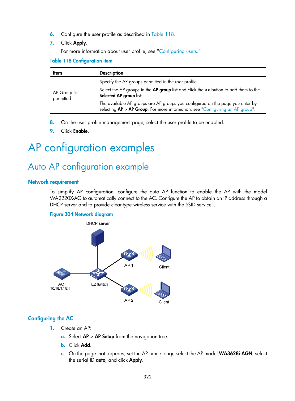 Ap configuration examples, Auto ap configuration example, Network requirement | Configuring the ac | H3C Technologies H3C WX3000E Series Wireless Switches User Manual | Page 343 / 965