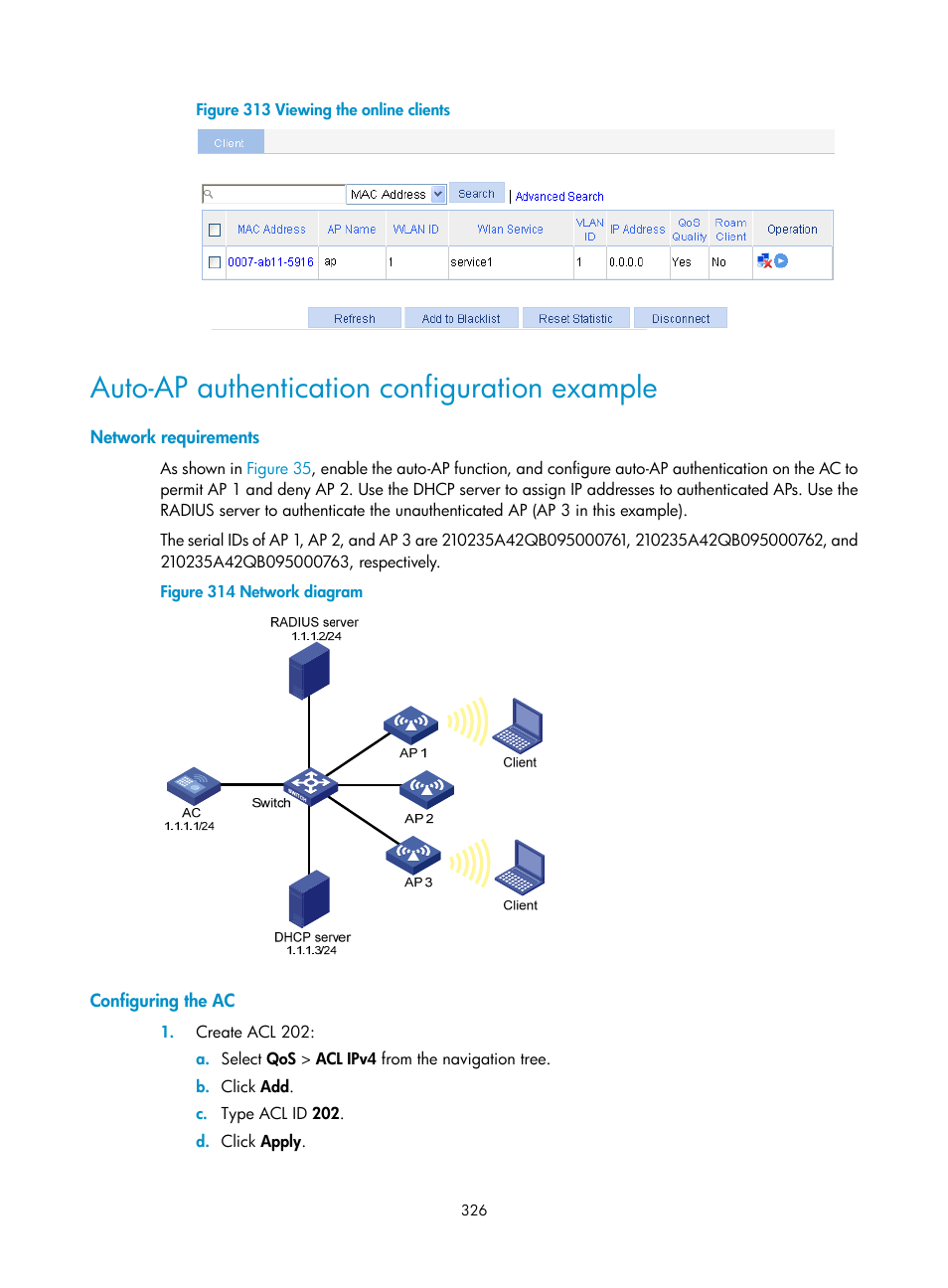 Auto-ap authentication configuration example, Network requirements, Configuring the ac | H3C Technologies H3C WX3000E Series Wireless Switches User Manual | Page 347 / 965