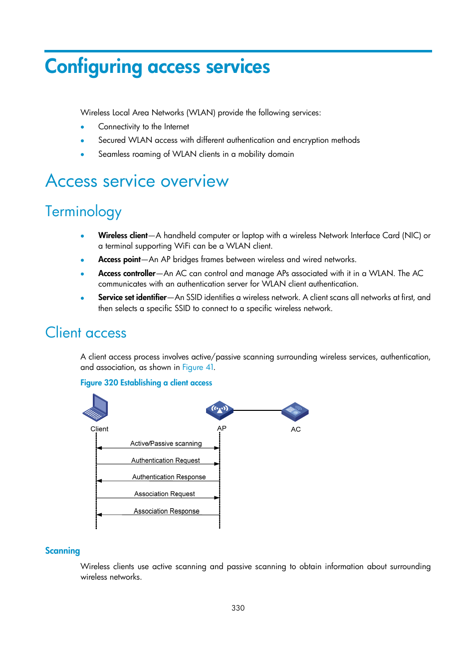 Configuring access services, Access service overview, Terminology | Client access, Scanning | H3C Technologies H3C WX3000E Series Wireless Switches User Manual | Page 351 / 965