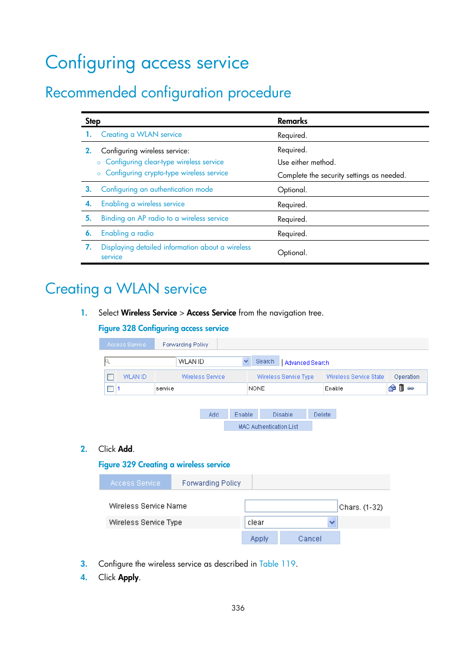 Configuring access service, Recommended configuration procedure, Creating a wlan service | H3C Technologies H3C WX3000E Series Wireless Switches User Manual | Page 357 / 965