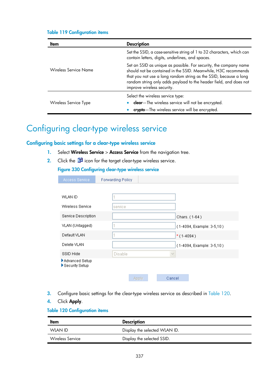 Configuring clear-type wireless service, D in, Table 119 | H3C Technologies H3C WX3000E Series Wireless Switches User Manual | Page 358 / 965