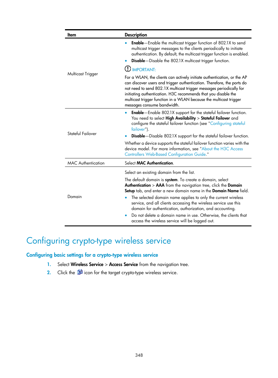 Configuring crypto-type wireless service | H3C Technologies H3C WX3000E Series Wireless Switches User Manual | Page 369 / 965