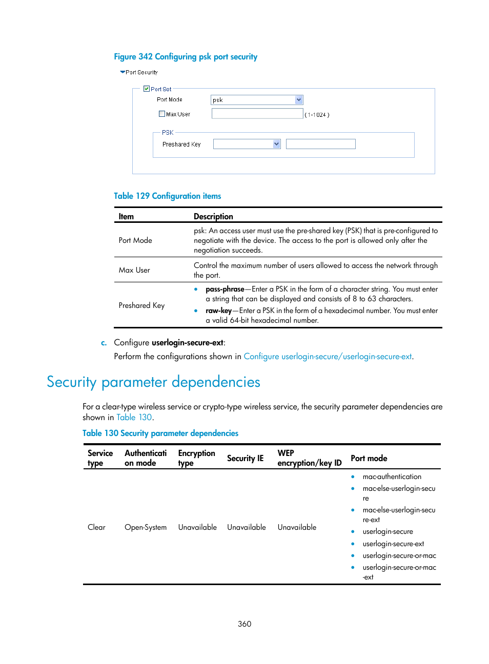 Security parameter dependencies, Table 130 | H3C Technologies H3C WX3000E Series Wireless Switches User Manual | Page 381 / 965